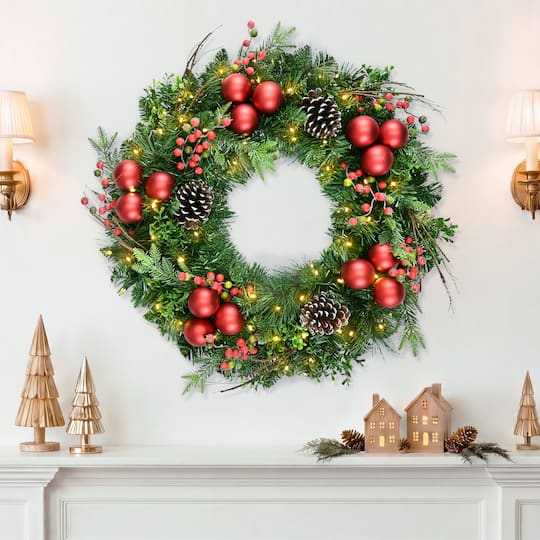 Puleo International 26" Pre-Lit Green Pine with Pinecones, Ornaments & Berries Artificial Christmas Wreath